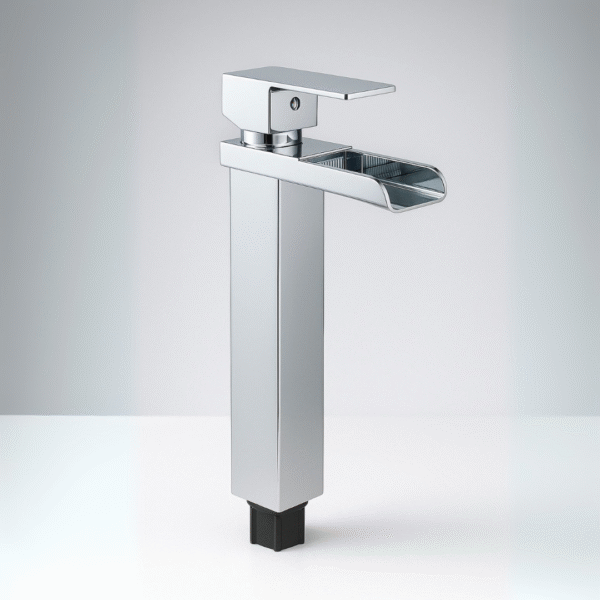 Grifería alta cascada cromada monocontrol para lavamanos moderno