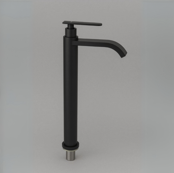 Grifería alta agua fría negro mate con cuello curvo para lavamanos moderno