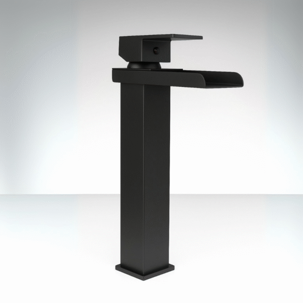 Grifería alta cascada negra mate monocontrol para lavamanos moderno